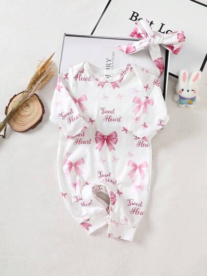SHEIN Newborn Baby Girl Long Sleeve Jumpsuit, Sweet Heat Bow Pattern, Long Sleeve Jumpsuit With Headband, Soft And Comfortable Clothing As Gift, Essential For Every Baby, All Season Style, Infant Photography Dress, 100-Day Gift, Cute And Soft Casual Outfit, Newborn 0-9 Months, Suitable For Outdoor And Daily Wear Baby Girl Jumpsuit Newborn Baby Girl Jumpsuit Fall Winter