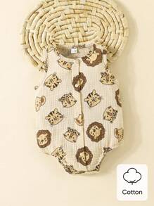 SHEIN 新生儿夏季新款婴儿宝宝纯棉可爱狮子卡通印花连体衣婴儿衣服套装 - 卡其色 - 查看 1