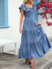 EMERY ROSE Women's Square Neck Ruffle Trim Elegant Dress