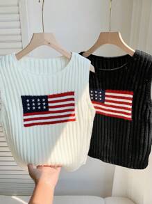 Comfortcana Women Usa 4th Of July Casual Knitted Sweater Vest  Top,2pcs,Suitable For Daily Street Wear 
Casual And Versatile