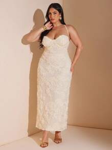 SHEIN BAE 夏季女式提花修身长款细肩带连衣裙 - 杏色 - 查看 2