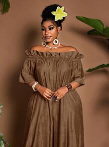 Maweii 大码夏季休闲宽松荷叶边露肩连体裤 - 棕色 - 查看 3