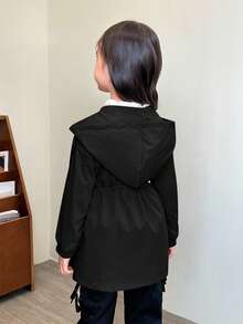 SHEIN Young Girl Casual Letter Print Zip-Up Drawstring Waist Woven Jacket In Fall/Winter - Black - View 2