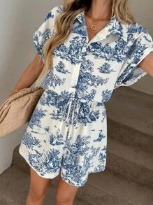 Easowa 女式复古花卉印花休闲连体裤，有领子，正面有纽扣，腰部系带蝴蝶结，荷叶边下摆，收腰 A 字形设计