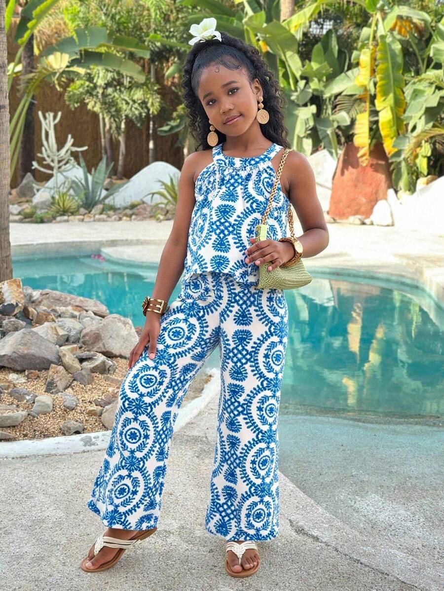 2pcs Girls' Holiday Basic Halter Shirt + Loose 3/4 Pants Floral Printed Woven Set - Blue - View 1