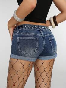 Jeanoix Y2K Fashion Casual Sexy Mini Metal Denim Hot Shorts - Dark Wash - View 2