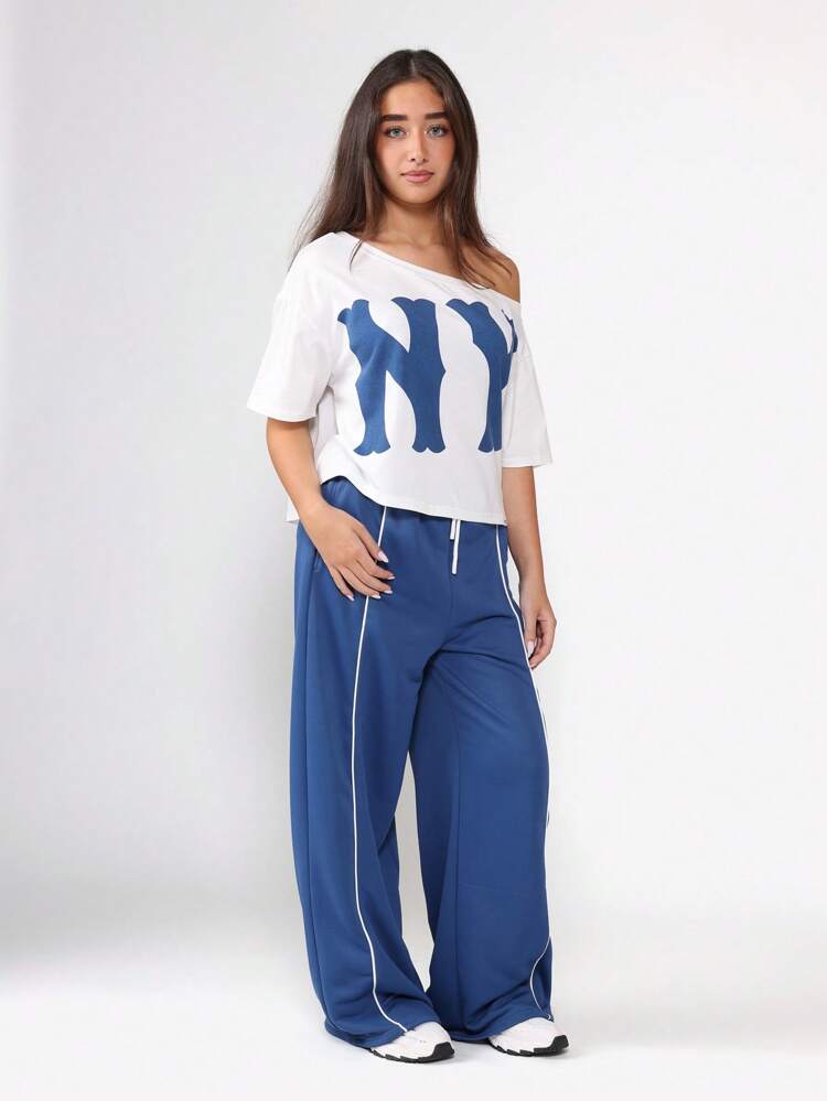 Off Shoulder NY Logo Top With Wide Leg Joggers