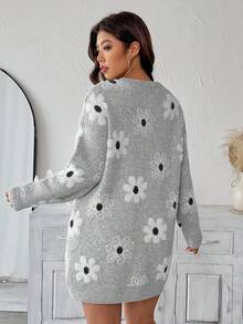 EMERY ROSE Plus Size Women Floral Pattern Round Neck Drop Shoulder Long Sleeve Knitted Dress Winter Fall Autumn - Grey - View 2