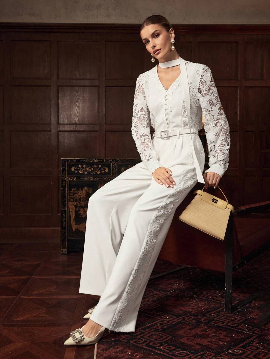 ZEYLAH Set elegant de 2 piese, top și pantaloni din dantelă, culoare uni, model patchwork - alb - Vizualizare 1