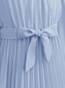 SHEIN Serisse Kids 青少年女孩休闲泡泡袖V领褶裥长裙 - 霧霾藍 - 查看 8