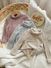3pcs/Set Baby Girls Knitted Solid Color Turtleneck Long Sleeve Autumn Winter Top Undershirt, Casual - Multicolor - View 5