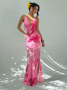 Aloruh مجموعة سيدات صيف مكونة من كامي بطبعة زهرية وياقة خطافية وتنورة ماكسي مكسرة الحافة، مثيرة