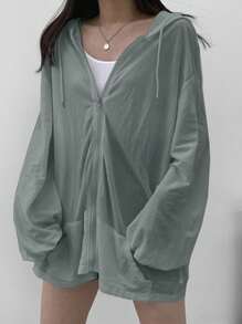 DAZY Cardigan Wanita Ukuran Besar dengan Tudung dan Motif di Bagian Belakang, Jaket Tipis Ringan, Putih, Musim Semi/Panas/Gugur - Baby Blue - View 3