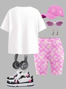 SHEIN Conjunto informal de verano de 2 piezas con camiseta de manga corta y shorts para niñas preadolescentes, con diseños de "Brilla y gira", "Verano relajado", "Fruta y lazo", "Patrón de limón y té" y la frase "Cuando la vida te da limones, haz limonada" - Multicolor - Ver 2