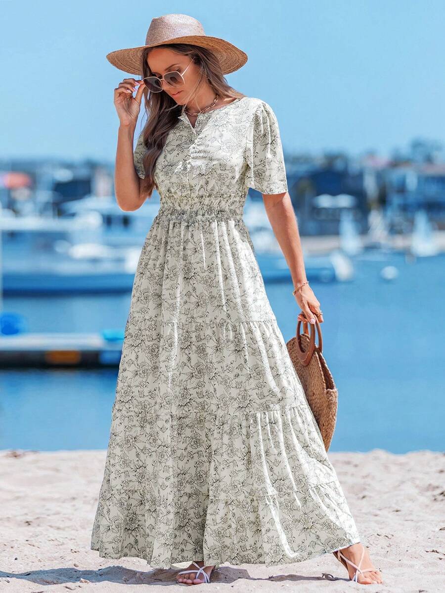 Sylviya 花卉印花双层收腰拼布波西米亚音乐节连衣裙，休闲夏日假期 - 彩色 - 查看 1