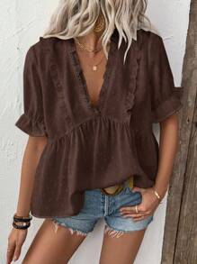 SHEIN Tall Blusa de mujer con escote en V profundo, mangas abullonadas y detalle de abertura - Marrón - Ver 1