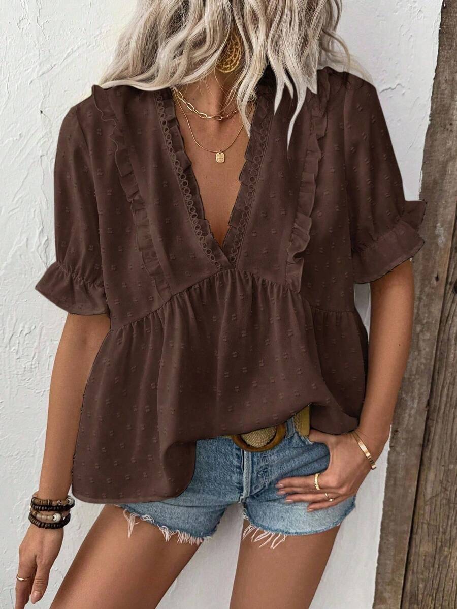 SHEIN Tall Blusa de mujer con escote en V profundo, mangas abullonadas y detalle de abertura - Marrón - Ver 1