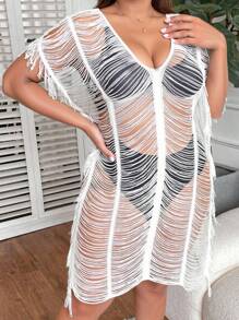 Slaydiva Plus Size Vacation Beach Loose Cover-Up With Fringe For Summer - White - View 4