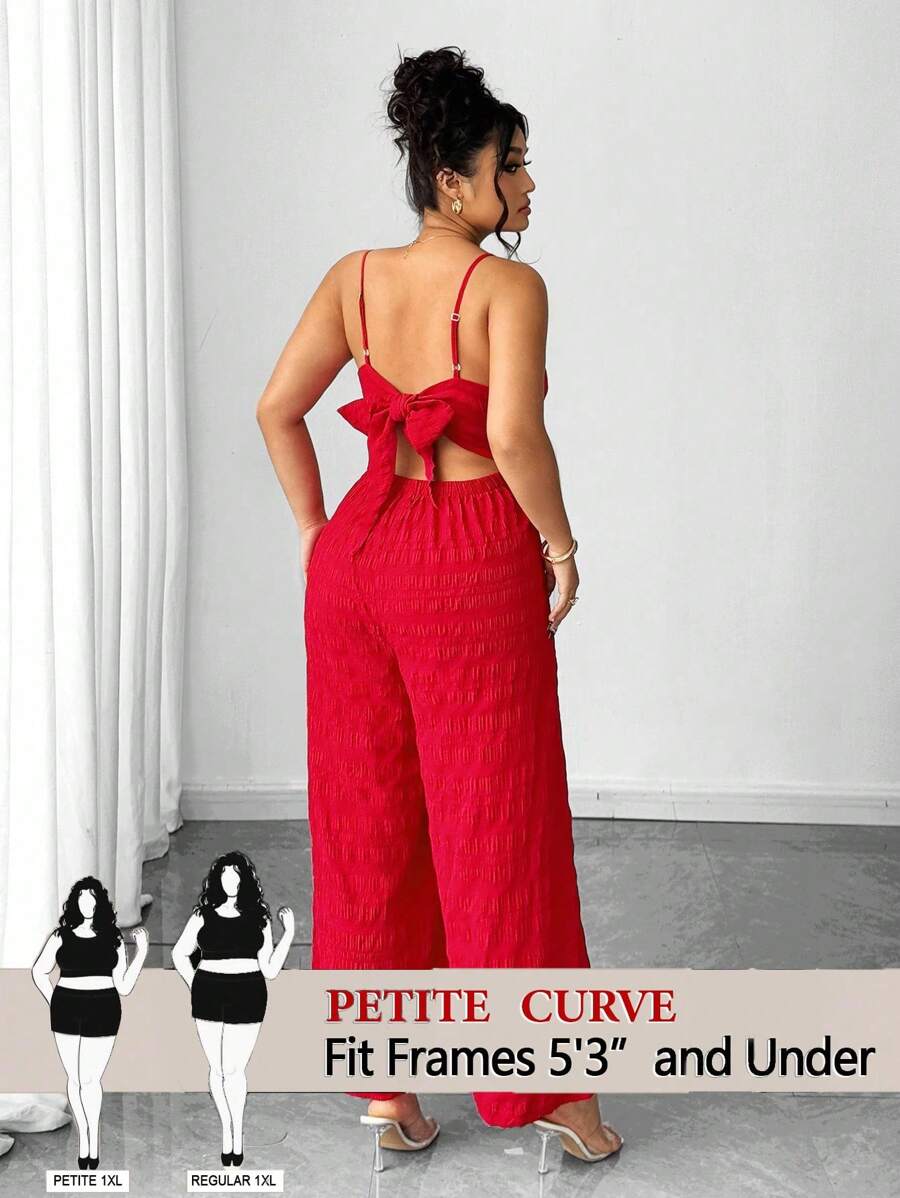 SHEIN PETITE 加大码性感纯色露背吊带连体裤，夏季 - 紅色 - 查看 1