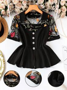 SHEIN Unity Große Größen Damen Frühling/Sommer Bestseller Lässiger Pendler Chic Urbaner Femininer Stil Einzigartige Klassische Spitze & Bedruckter Puffärmel Basic Französisch Retro Sexy T-Shirt - Verschiedenfarbig - Übersicht 2