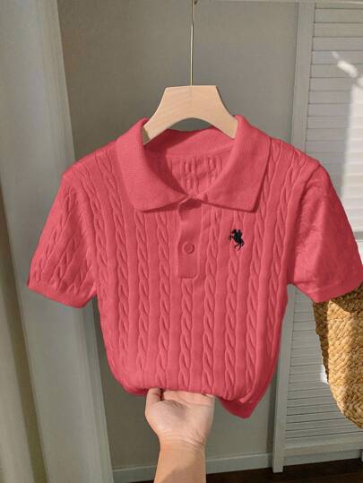 Comfortcana 女式休闲骑士图案短袖 Polo 领针织上衣