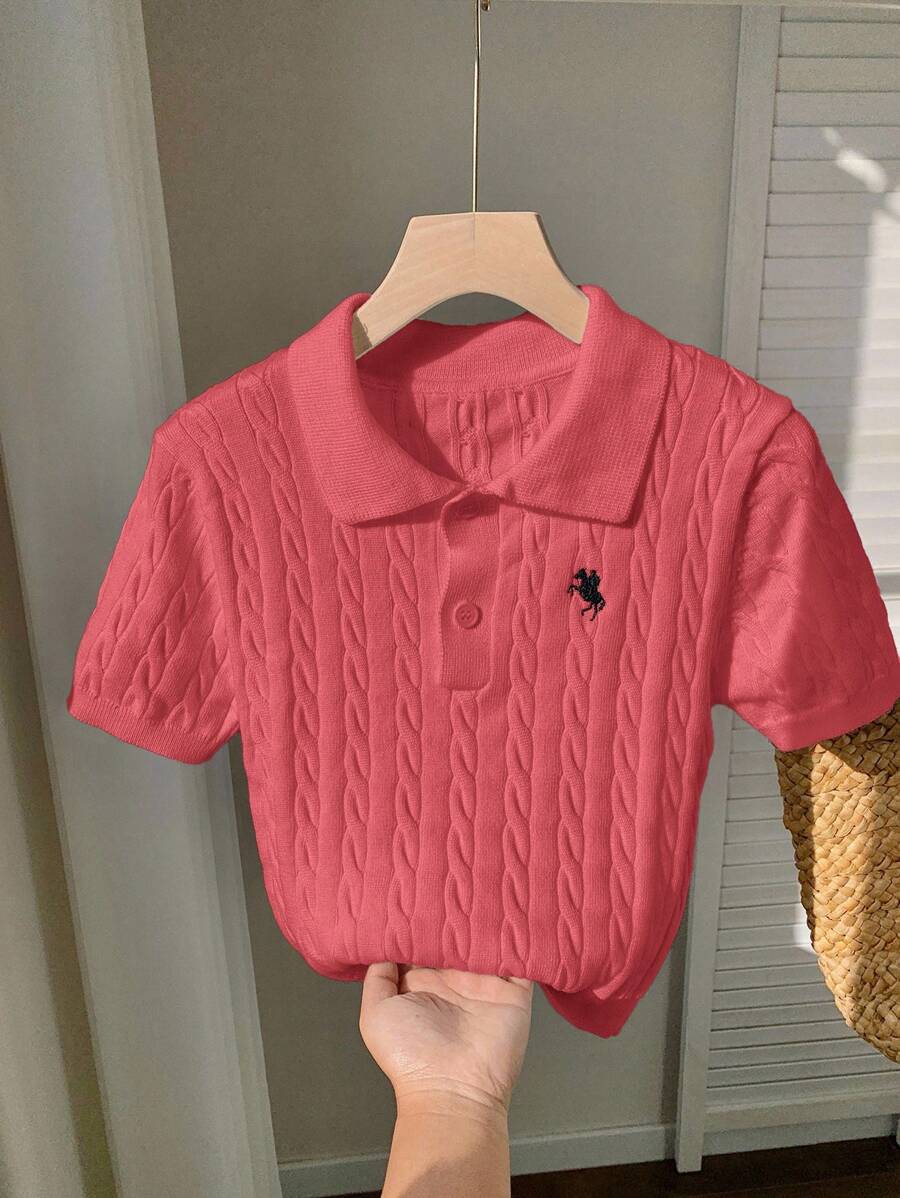Comfortcana 女式休闲骑士图案短袖 Polo 领针织上衣 - 紅色 - 查看 1