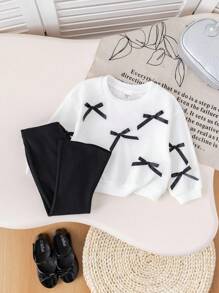 Baby Girl Cute & Cozy Elegant Bow Round Neck Sweatshirt And Long Pants Set - Black and White - View 7