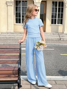 SHEIN 青少年女孩两件套：纯色纹理针织立领修身短袖 T 恤和阔腿裤 - 藍色 - 查看 8