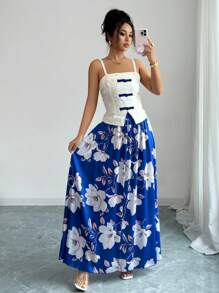 Selianne Women's White And Blue Floral Summer Elegant Tea Party Chic Sleeveless Tank Top & Printed Flare Skirt Two Pieces Set,Retro Resort Lady Outfit - Blue - View 6