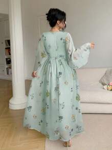 Modelyn 女士优雅花卉印花长款喇叭袖连衣裙 - 綠色 - 查看 2