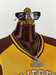 Amplova 宽松撞色拼接插肩袖运动衫，学院风女式秋冬装 - 黃色 - 查看 2