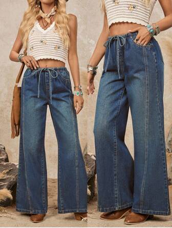 LanaWest 女式休闲日常水洗抽绳腰阔腿牛仔裤