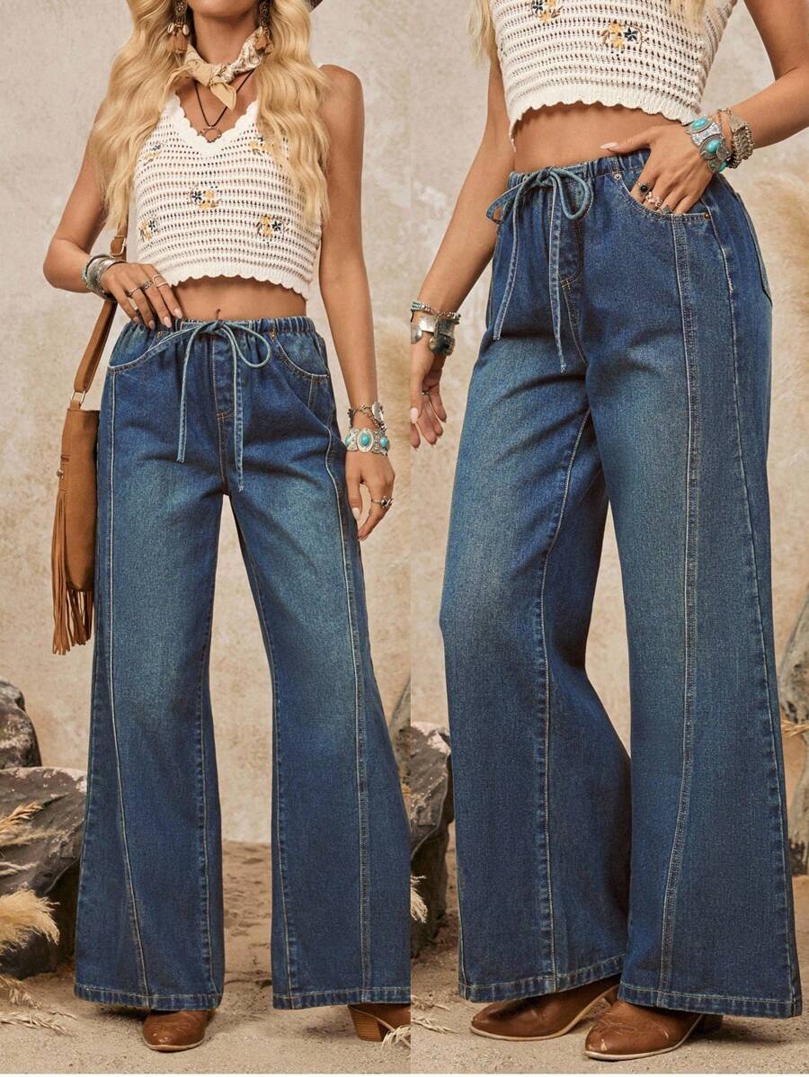 LanaWest 女式休闲日常水洗抽绳腰阔腿牛仔裤 - 深色水洗藍 - 查看 1