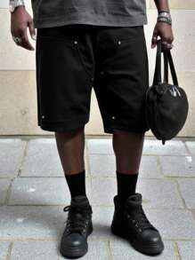 EASEVO Men Plus Size Casual Loose Street Woven Black Denim Shorts, Emo, 2000s Style - Black - View 10