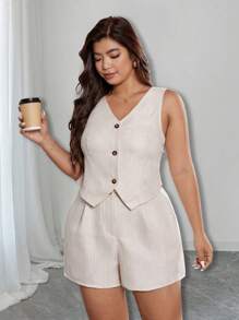 SHEIN PETITE Plus Size Women 2pcs Set Simple Vest And Loose Shorts, Stylish Commute Minimalist Elegant Elegant Summer Women Clothes, Business Casual Outfit
