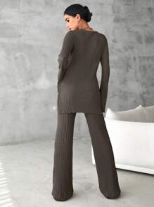 EURMUSE Cotton Solid Split Hem Tee & Flare Leg Pants - Mocha Brown - View 2