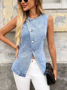 EMERY ROSE Women's Asymmetric Single Breasted Lapel Collar Casual Denim Vest Jacket