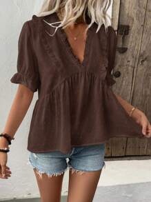 SHEIN Tall Blusa de mujer con escote en V profundo, mangas abullonadas y detalle de abertura - Marrón - Ver 7