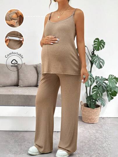SHEIN 2pcs Maternity Sleeveless Solid Color Pants Nursing Set, Summer