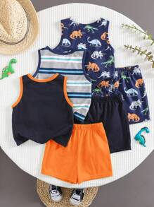 6件套男宝宝夏季休闲度假可爱卡通条纹上衣和短裤基础款多件装男宝宝服装恐龙男宝宝套装夏季男宝宝休闲套装婴儿休闲套装男宝宝恐龙服装图案