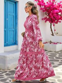 Vivid Eden 女士度假腰果花印花深V领灯笼袖连衣裙 - 粉色 - 查看 2