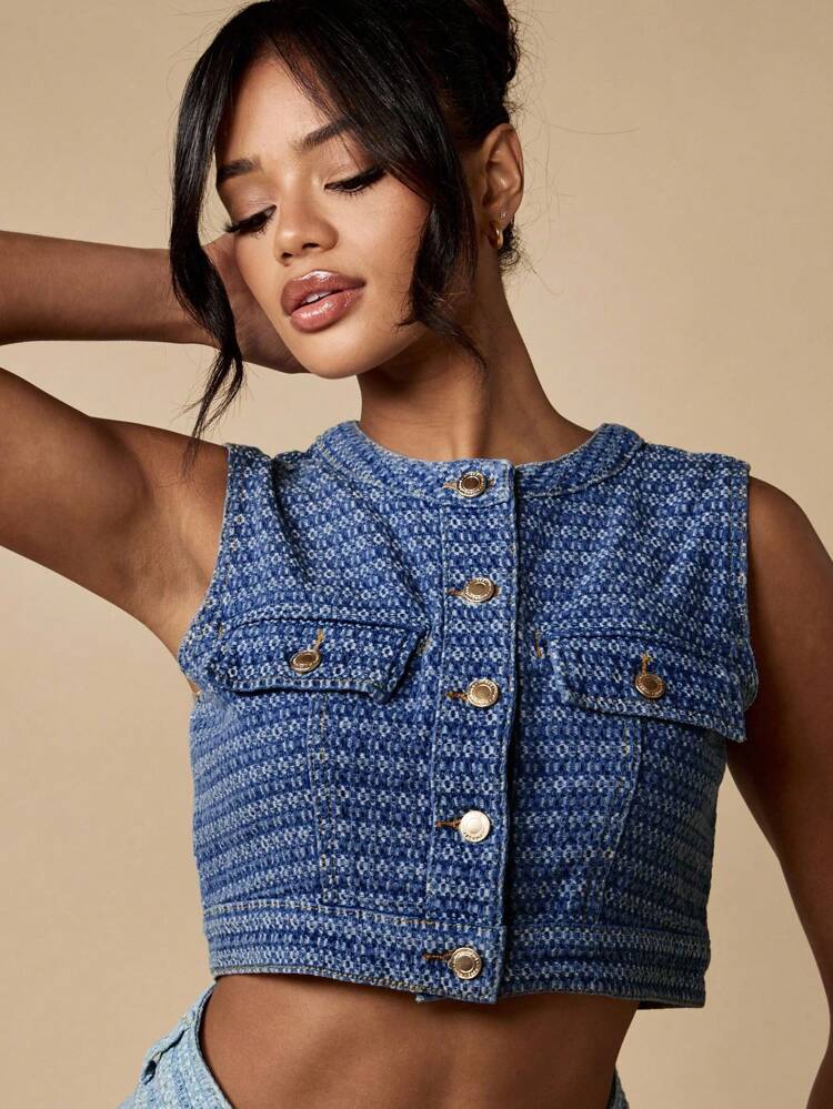 MISSGUIDED Denim Jacquard Cropped Vest Sleeveless Button Front Top Western Style Summer Festival Casual Streetwear Fashion Statement
