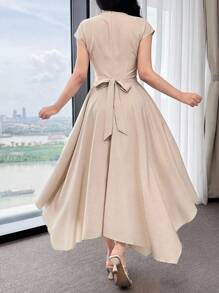 Feyla 女式优雅夏季水钻装饰不对称下摆长裙 - 卡其色 - 查看 4