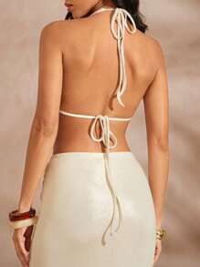 Hauture Sexy Summer Vacation Foil Liquid Gel Cowl Backless Halter Top - Apricot - View 2