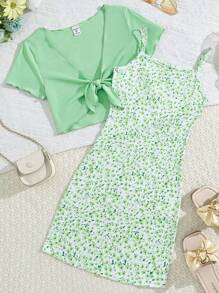 SHEIN Vintaside Kids 青少年女孩度假休闲纯色抽绳上衣和小碎花吊带裙两件套