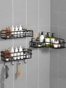 1PC, Perforation-Free Bathroom Shelving Triangle Shelving Toiletries Storage Shelf Home Bathroom Decor Bathroom Organizer Summer - Black - View 4
