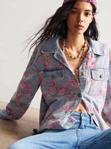 Bohemela 复古乡村风格玫瑰印花女式牛仔夹克