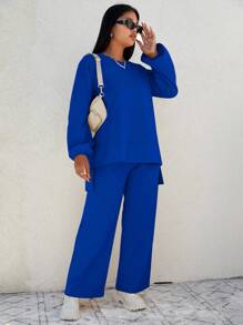 EURMUSE Plus Size Solid Color Asymmetrical Hem Top And Loose Pants 2pcs/Set - Navy Blue - View 3