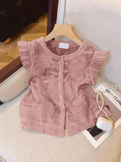 Muvela Women's Floral Jacquard Round Neck Cap Sleeve Single Breasted Fashion Blouse Pink Summer Casual
