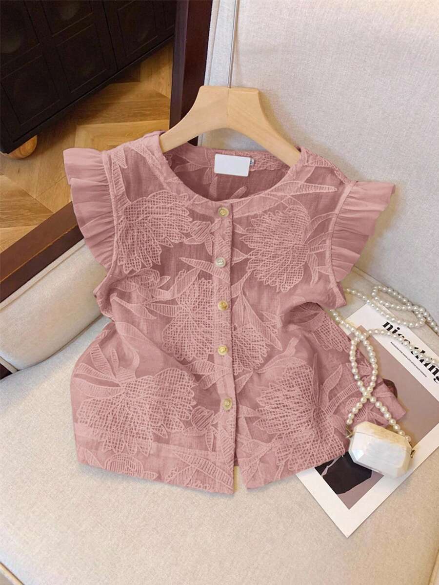 SHEIN Frenchy Blusa de moda con cuello redondo, manga corta y abotonadura sencilla, en tejido jacquard con estampado floral